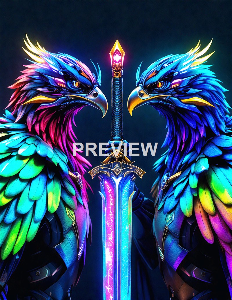 Two phoenix-like creatures with colorful, feathered heads and armor, holding a glowing sword between them against a dark background.